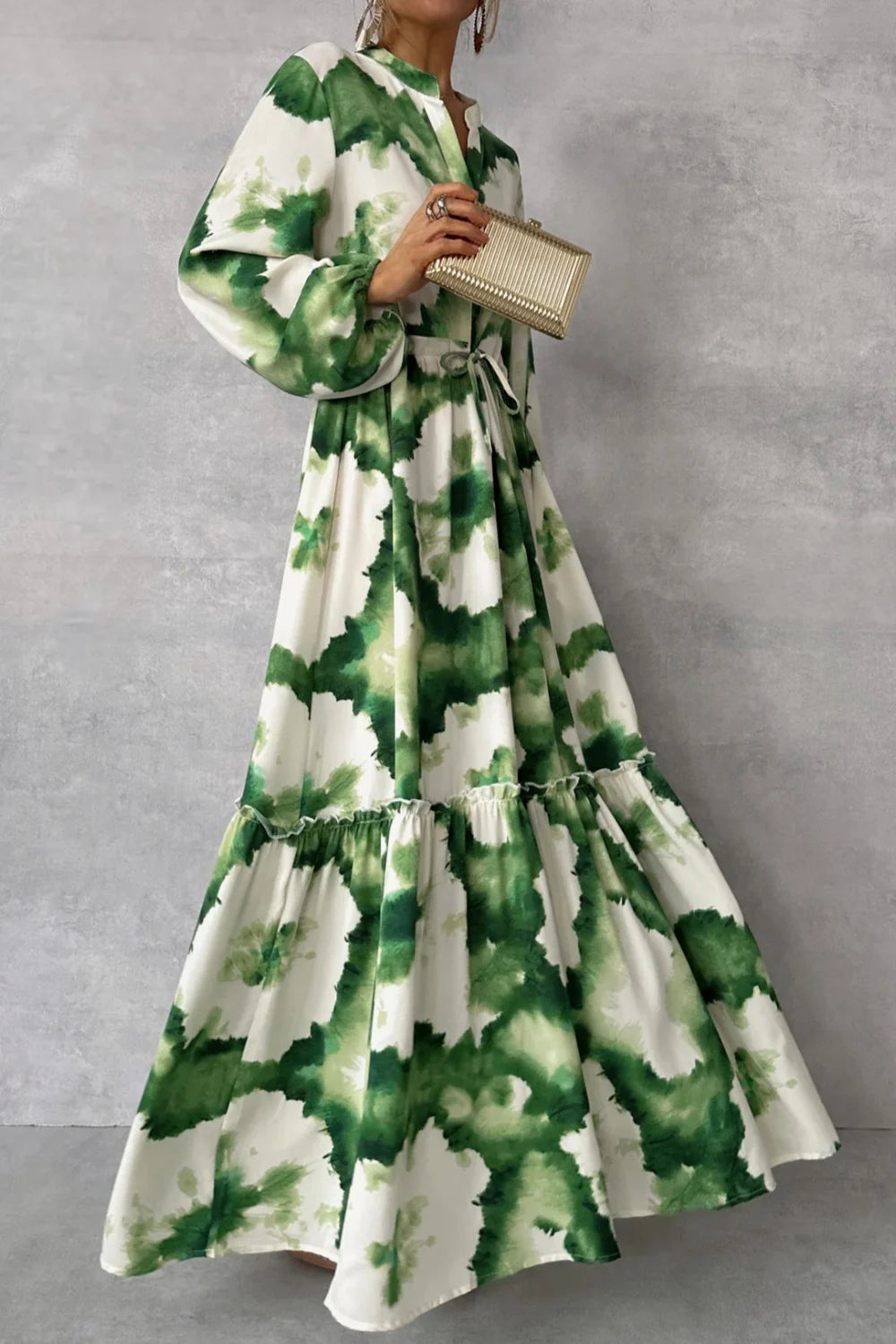 New Women Pile Up Sleeves A-Line Loose Long Dress Fashionable Green Floral print V Neck Casual Lace Up Dress Summer Wear