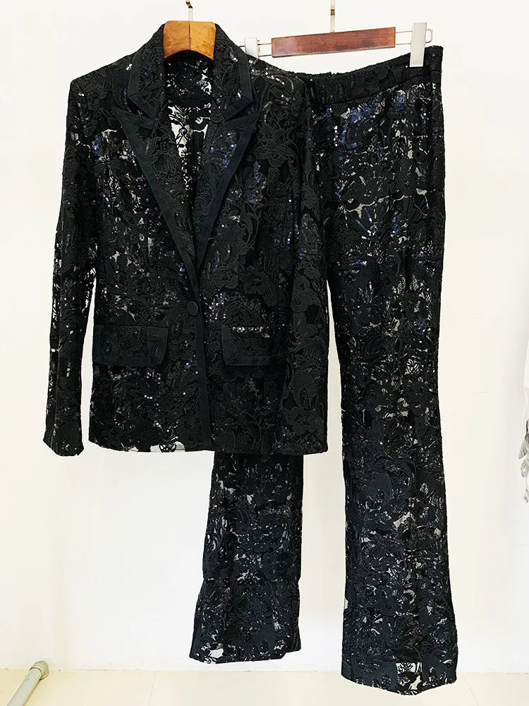 JAMERARY New Fashion Mesh Embroidered Blazers Jackets Wide Leg Pants Sequins Suit Coat Women Pants White Lace Two Piece Set