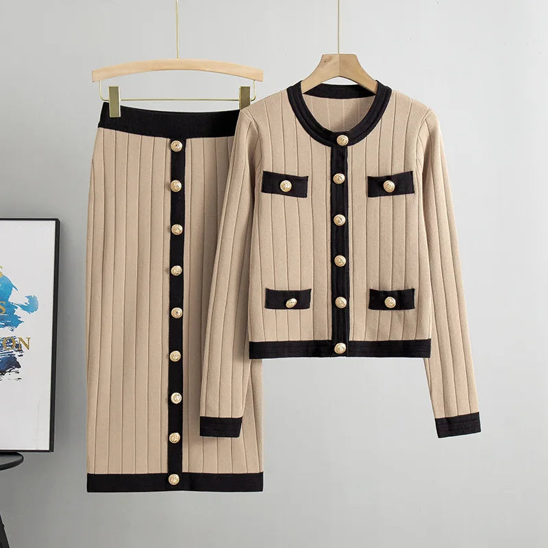 Women Knit Two Pieces Eleght Knitted Cardigan Coat Buttons Solid Colour Long Skirt Casual Suit Knitting Skirts Outfits