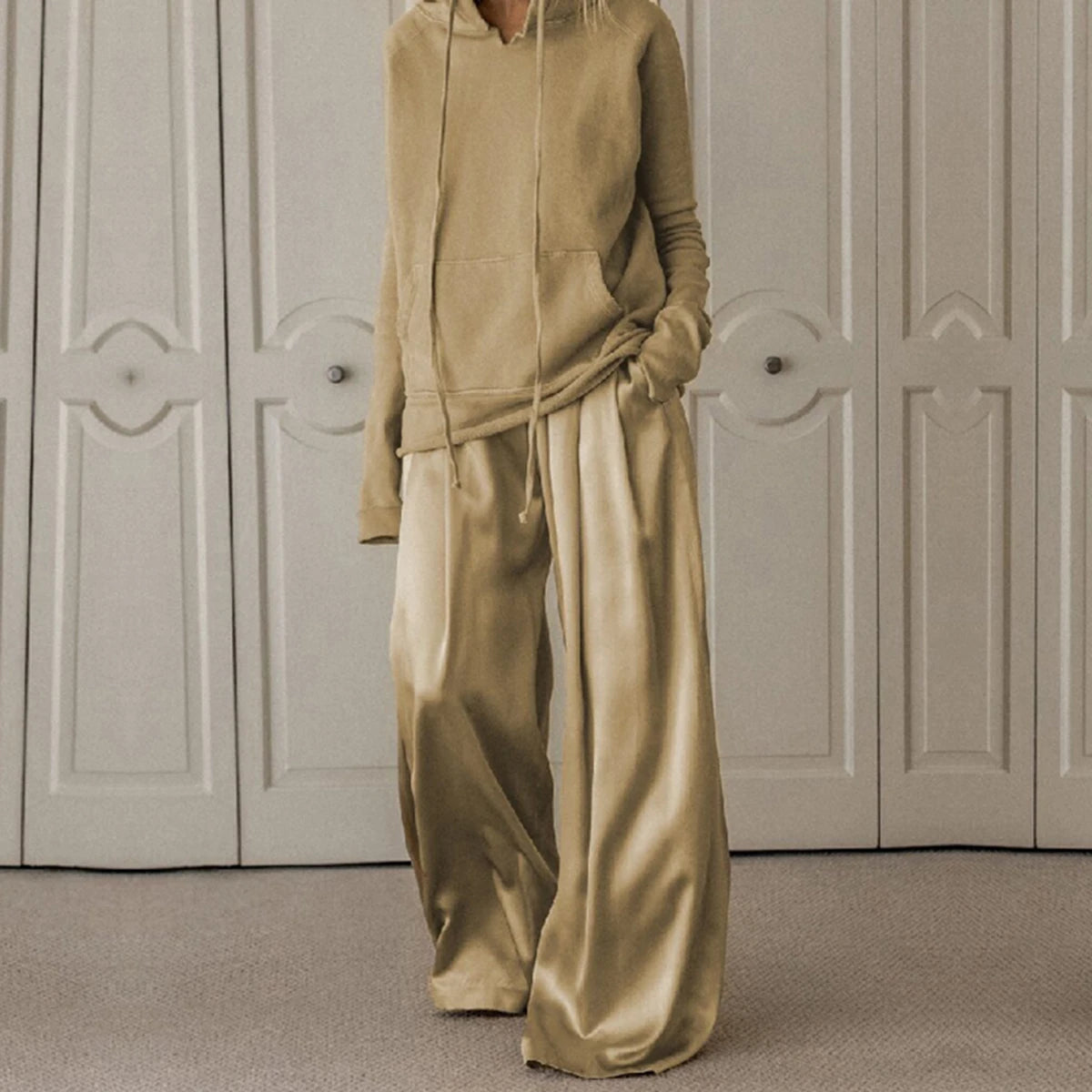 Lemongor Spring Autumn Drawstring Solid Color Long Sleeves Hooded Tops & High Waisted Wide Leg Pants Two Pieces Set For Women