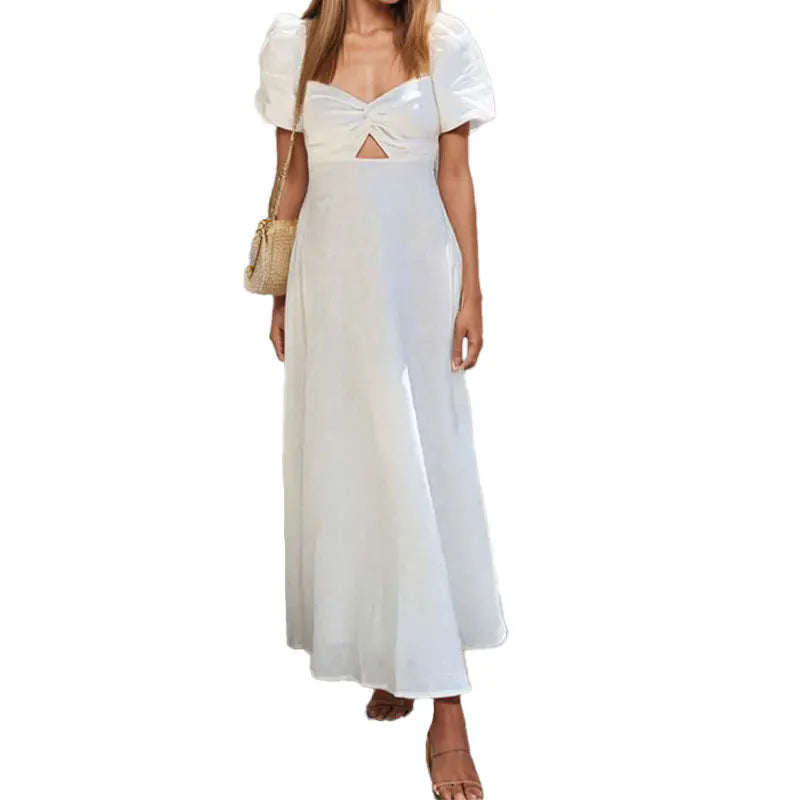 VEITCHE Summer Fashion Womens White Long Dresses Elegant Short Sleeve V-Neck Hollow Out Dresses High Waisted Casual Dress