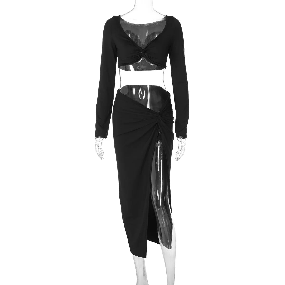 Elegant Fashion Club Outfits Asymmetric Split Matching Sets Cryptographic Ruched Long Sleeve Cropped Top and Skirt Co-ords Set