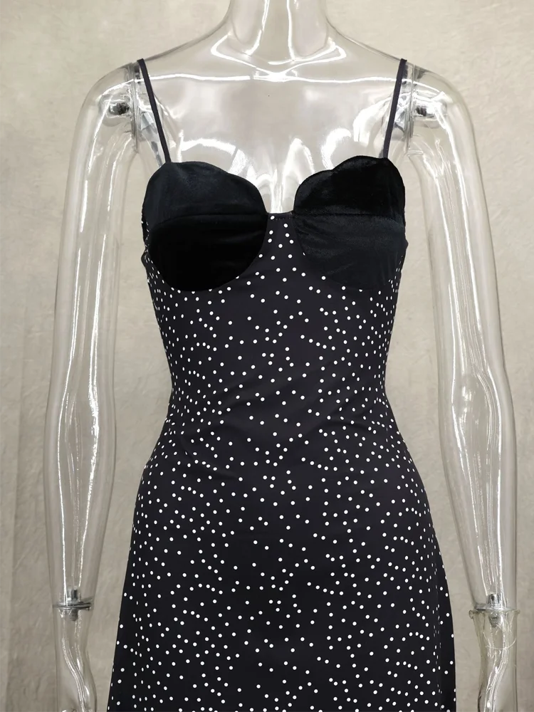 VEITCHE 2025 Women's Holiday Strap Dress Polka Dot Print Sexy A-Line Skirt Commute Wear Casual Women's Fashion