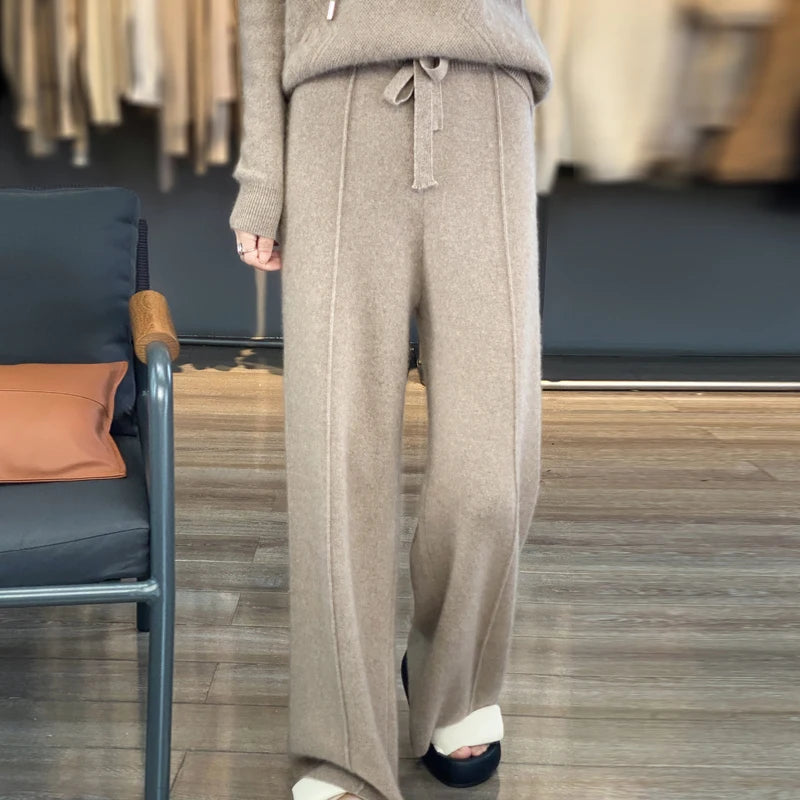 New Women Autumn Winter Wide-Leg Pants 100% Merino Wool High Waist Trousers High Quality Soft Casual Straight Leg Slacks Popular