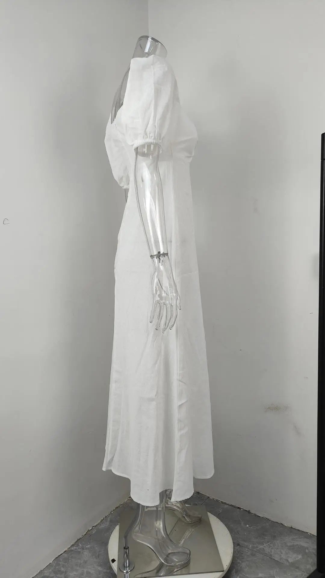 VEITCHE Summer Fashion Womens White Long Dresses Elegant Short Sleeve V-Neck Hollow Out Dresses High Waisted Casual Dress