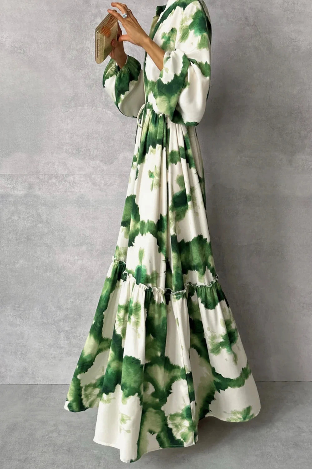 New Women Pile Up Sleeves A-Line Loose Long Dress Fashionable Green Floral print V Neck Casual Lace Up Dress Summer Wear
