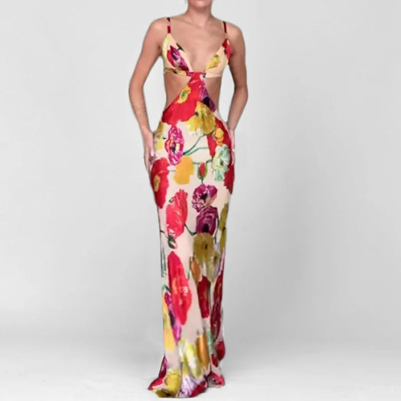 VEITCHE Summer Women Sexy V Neck Floral Print Maxi Dresses Elegant Sleeveless Backless Waist Hollow Out Vestidos Lady Club Party