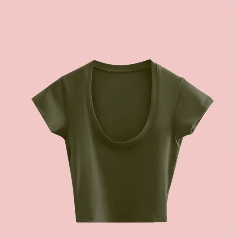 2024 Summer Slim T-Shirt Women Sexy Short Sleeve T Shirt U-Neck Gray Tee Female Solid Basic Black/White Korean Crop Tops Hot Y2k