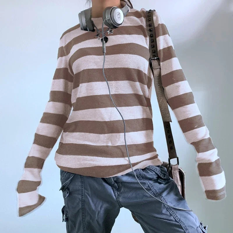 Women Teen Girls Fairy Grunge Y2k Long Sleeve Baggy Shirt Tops Striped Baby Tees Vintage Streetwear T-Shirt Autumn Clothes